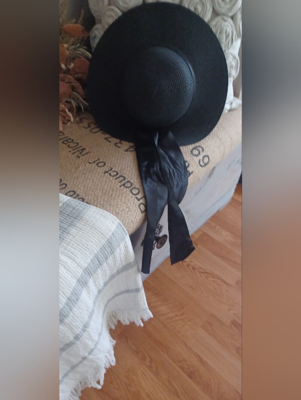 Black Wide-Brim Straw Sun Hat with Satin Tie